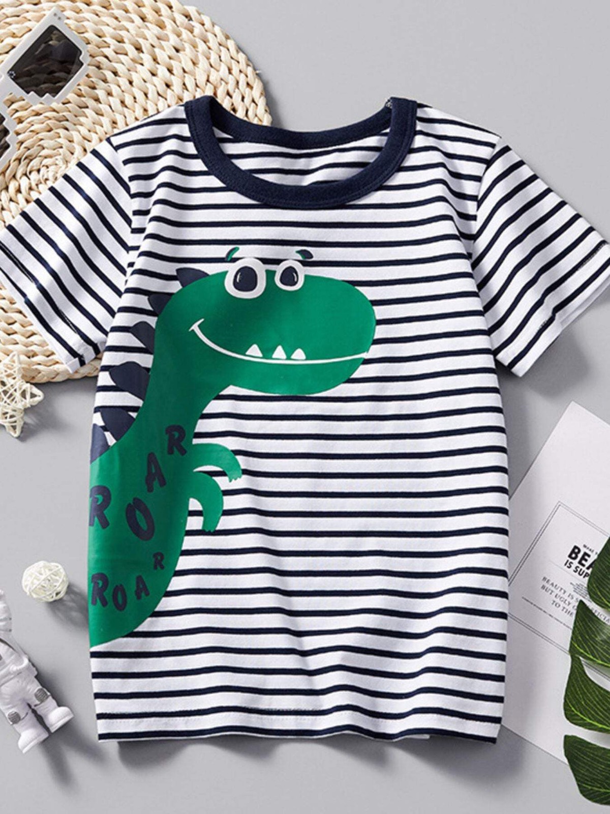 Children's Dinosaur Print Striped Crew Neck Short Sleeve T-Shirt gallery