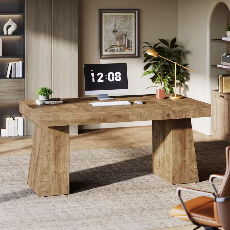 Moronia 55 In. Rectangle Light Brown Engineered Wood Executive Desk with Strong gallery