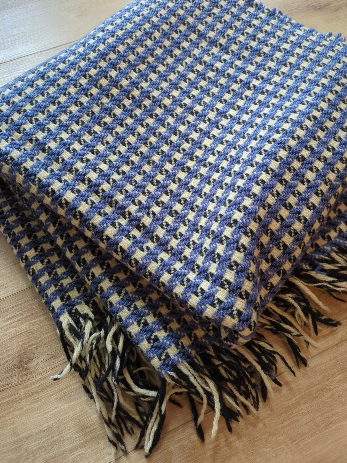 Vintage Goodwin Weavers Houndstooth Blue Black White Fringed Wool Blanket AS IS gallery