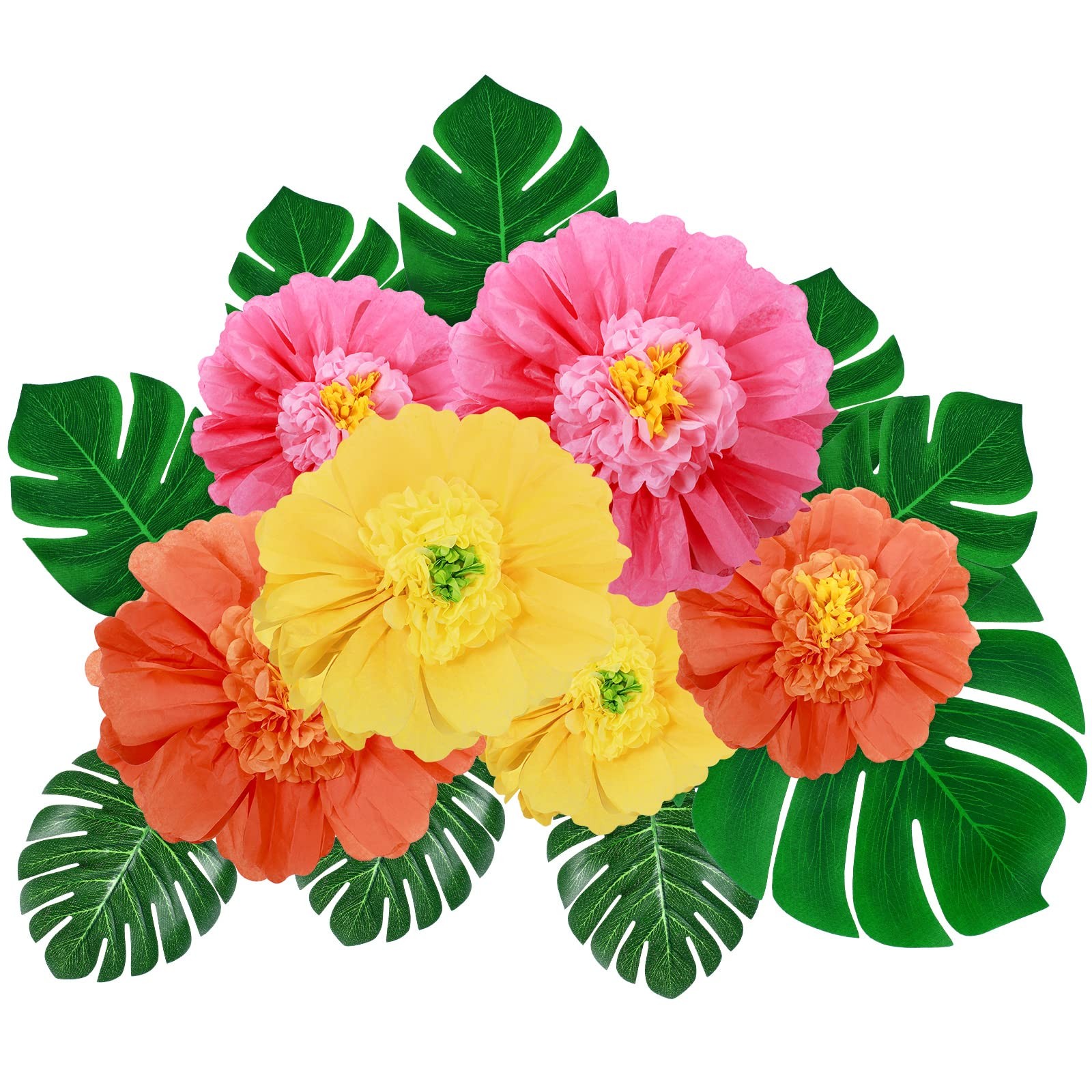 40 Pack Tropical Party Decor Hibiscus Flower Faux Palm Leaf Luau Set gallery
