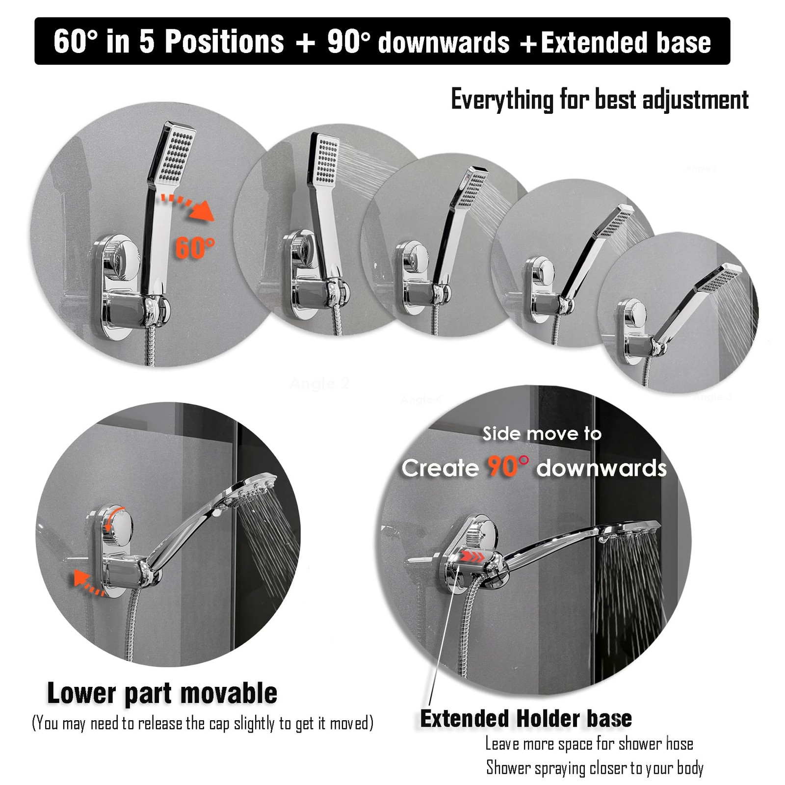 Handheld Shower Head Holder - 5 Positions Adjustable + 90° downwards - Adhesi... gallery