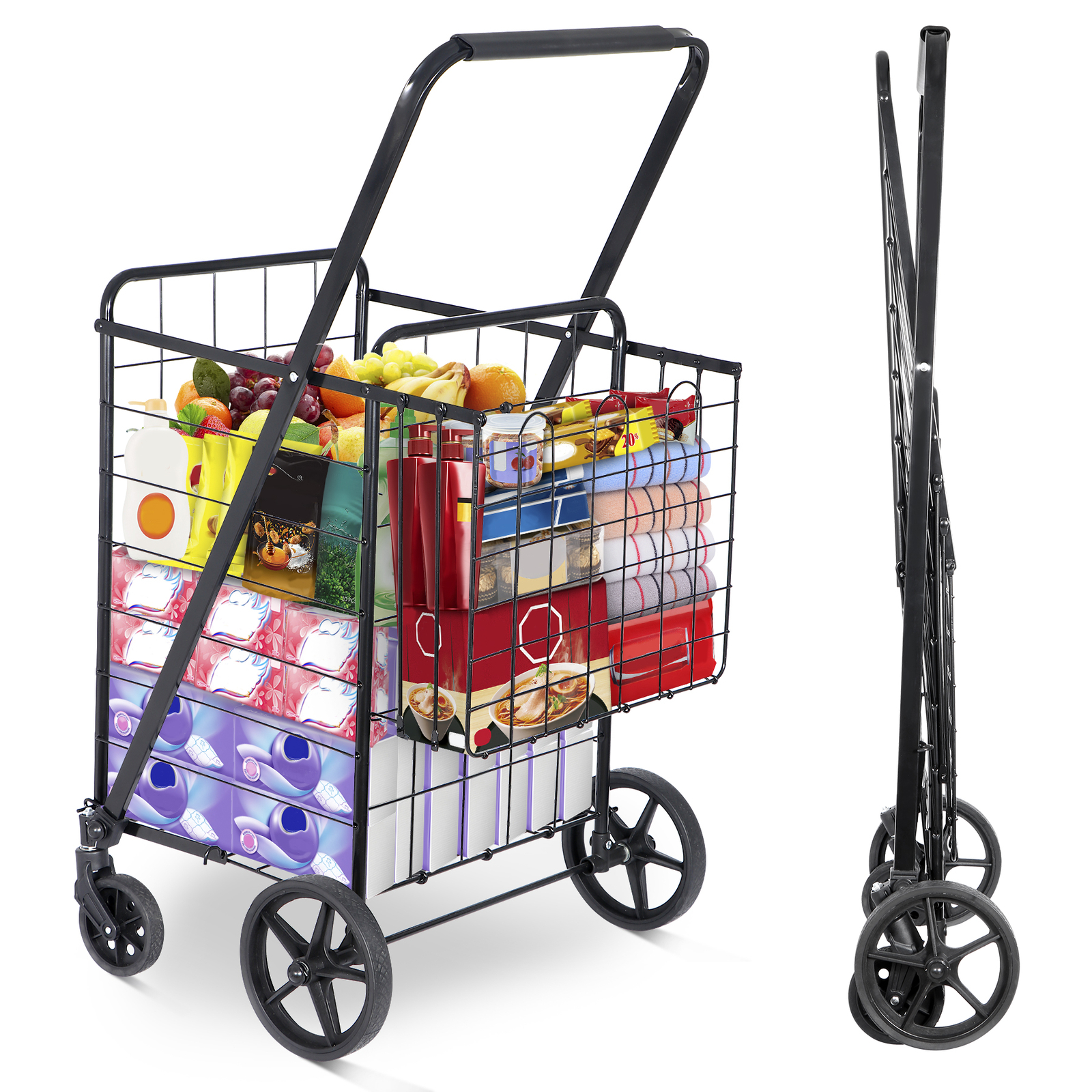 Folding Shopping Cart Utility Cart with Double Basket and Swivel Wheels gallery