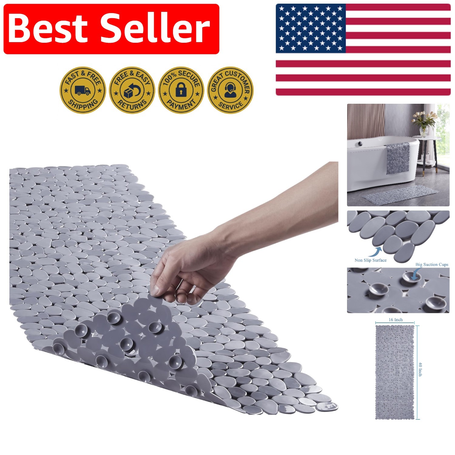 Durable 40" x 16" Non-Slip Bath Mat - Eco-Friendly Shower Mat with Drain Holes gallery