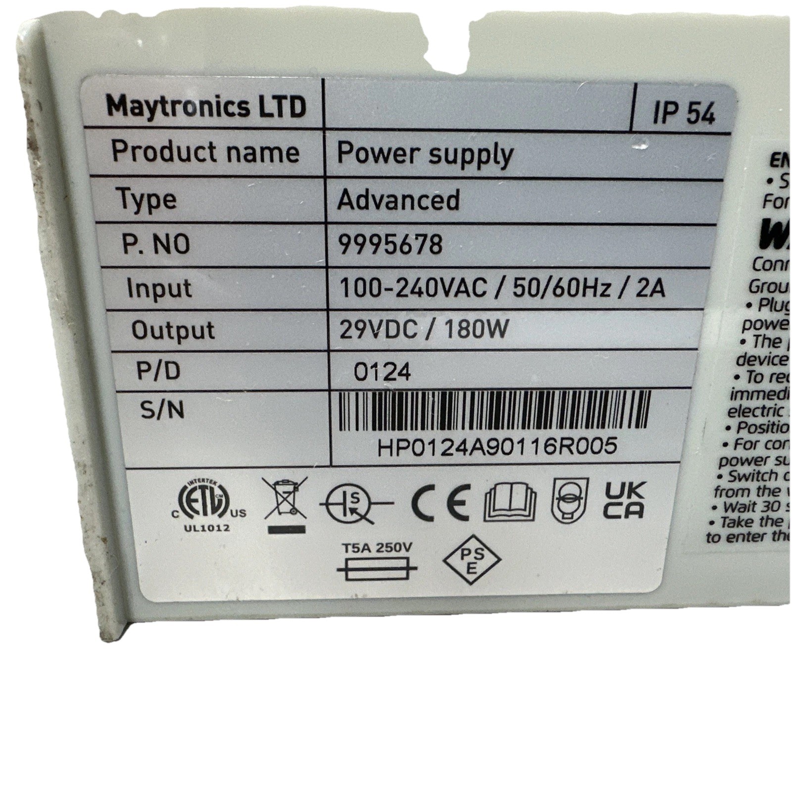 Maytronics Dolphin Power Supply Diagnostic DC 9995678 29V 180W 100-250V IP54 gallery