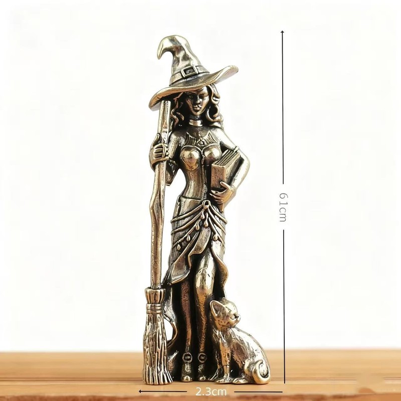 2PCS Brass witch Broom cat figure statue Halloween magical fantasy decor gallery