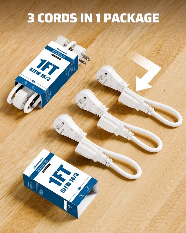 DEWENWILS 360° Rotating Flat Plug Extension Cord 1FT, 125V/13A/1625W, 3 Pack gallery