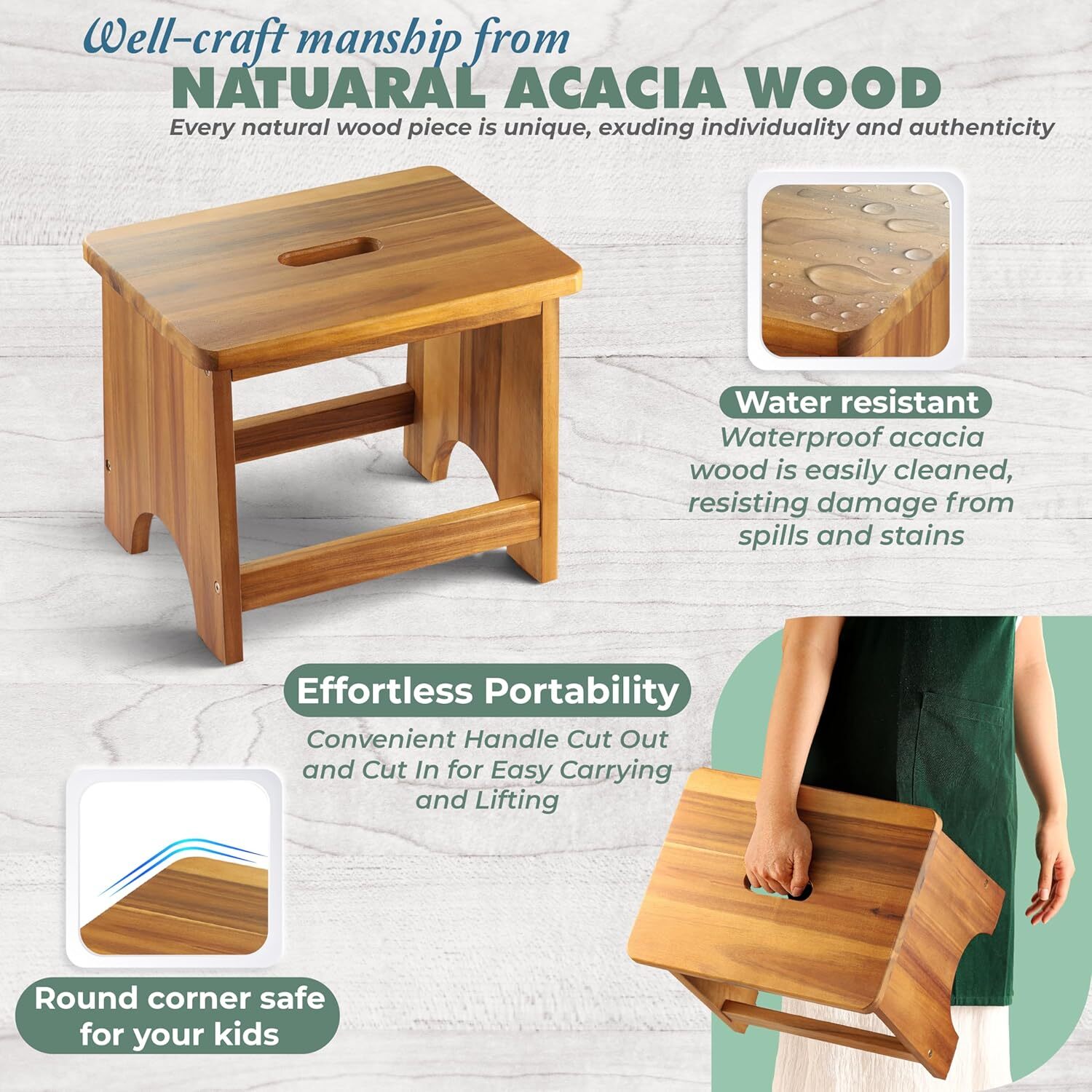 Wooden Step Stool, 13'' Heavy Duty Stepping Stool for Adults with Handle,Nonslip gallery