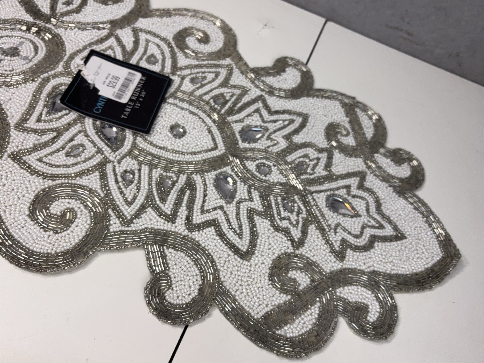 Cynthia Rowley Beaded Table Runner Silver White Medallion 13x36 gallery