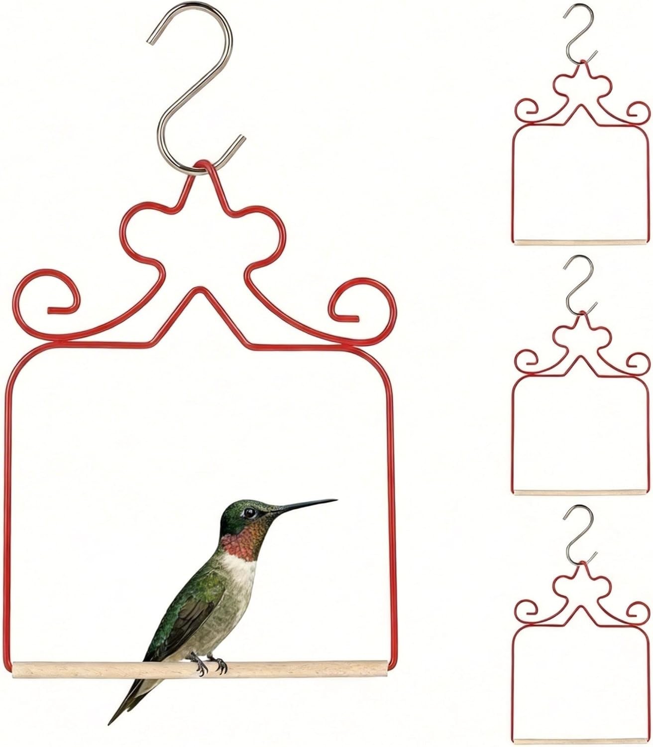 4-Pack Hummingbird Swings - Rust-Proof Metal Red Perches with Natural Wooden Dow gallery