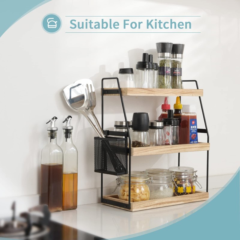 Bathroom Organizer Countertop 3tier Standing Counter Shelf With Basket Wood Tray gallery