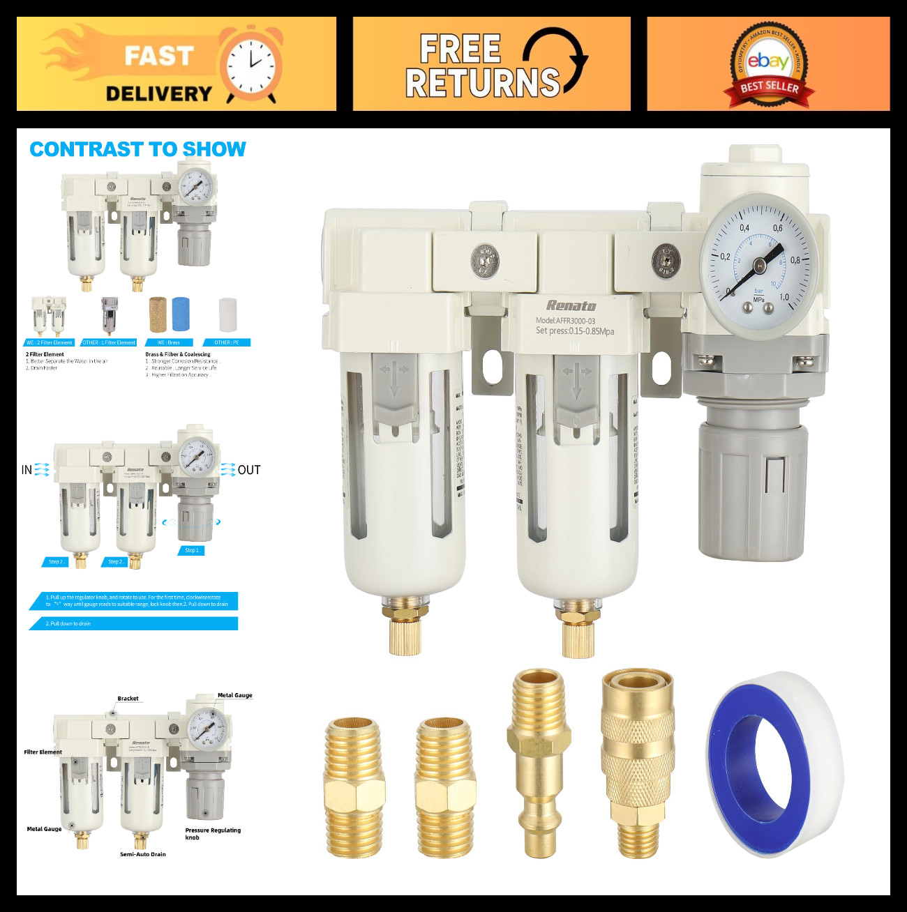 Three Stage Air Drying System 3/8" NPT - 0.01 Micron Filter, Regulator, Gauge, D gallery