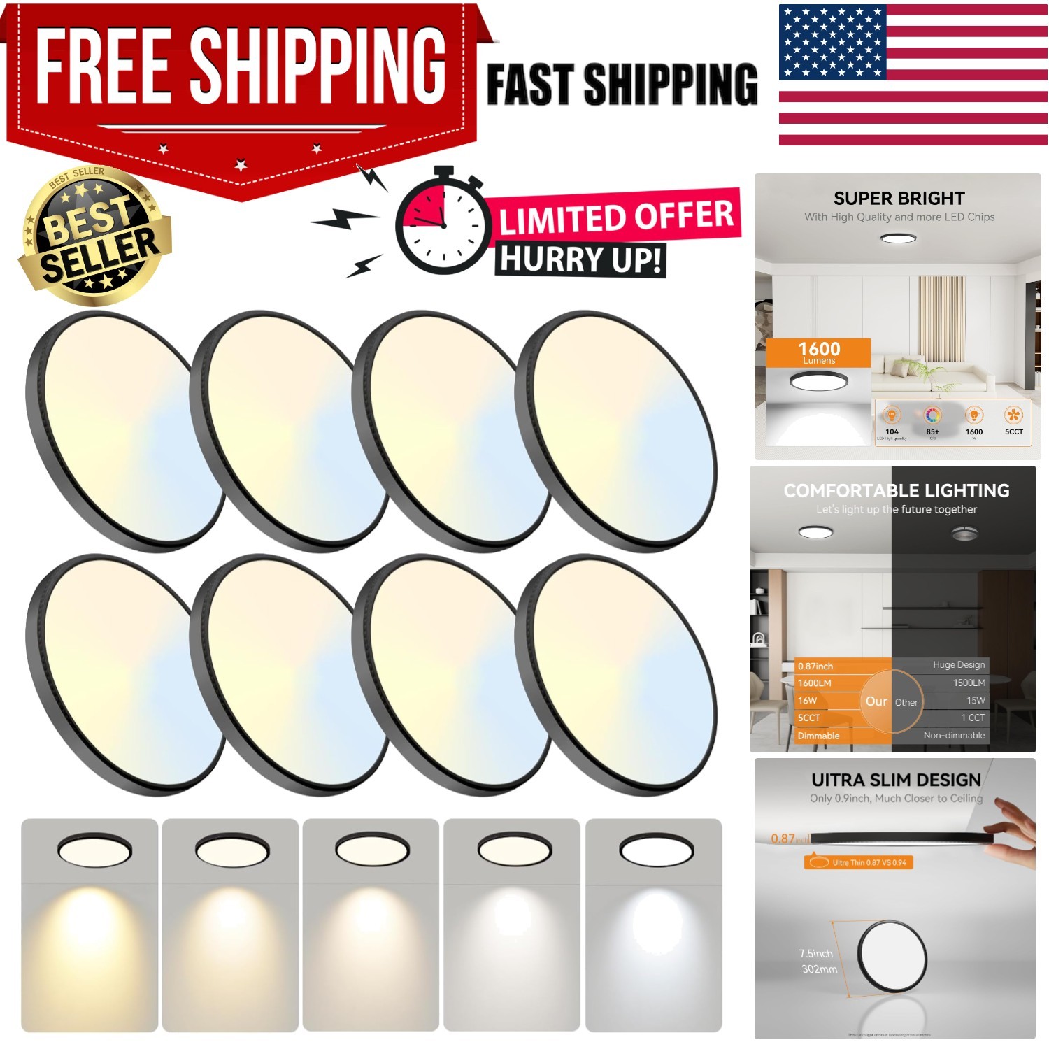 7.5Inch LED Ceiling Lights, 5 Colors Selectable 3000K/3500K/4500K/5000K/6000K... gallery