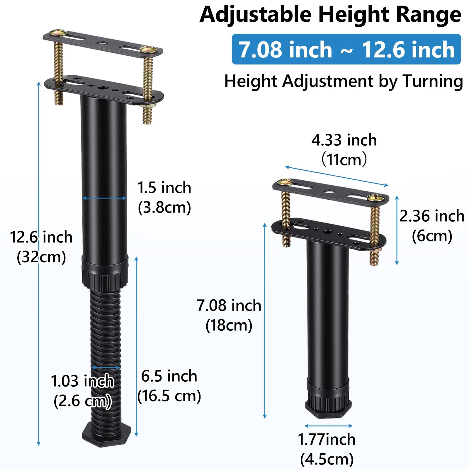Caeuiciw 4 Pcs Adjustable Height Bed Support Legs 7.08-12.6 inch Black gallery