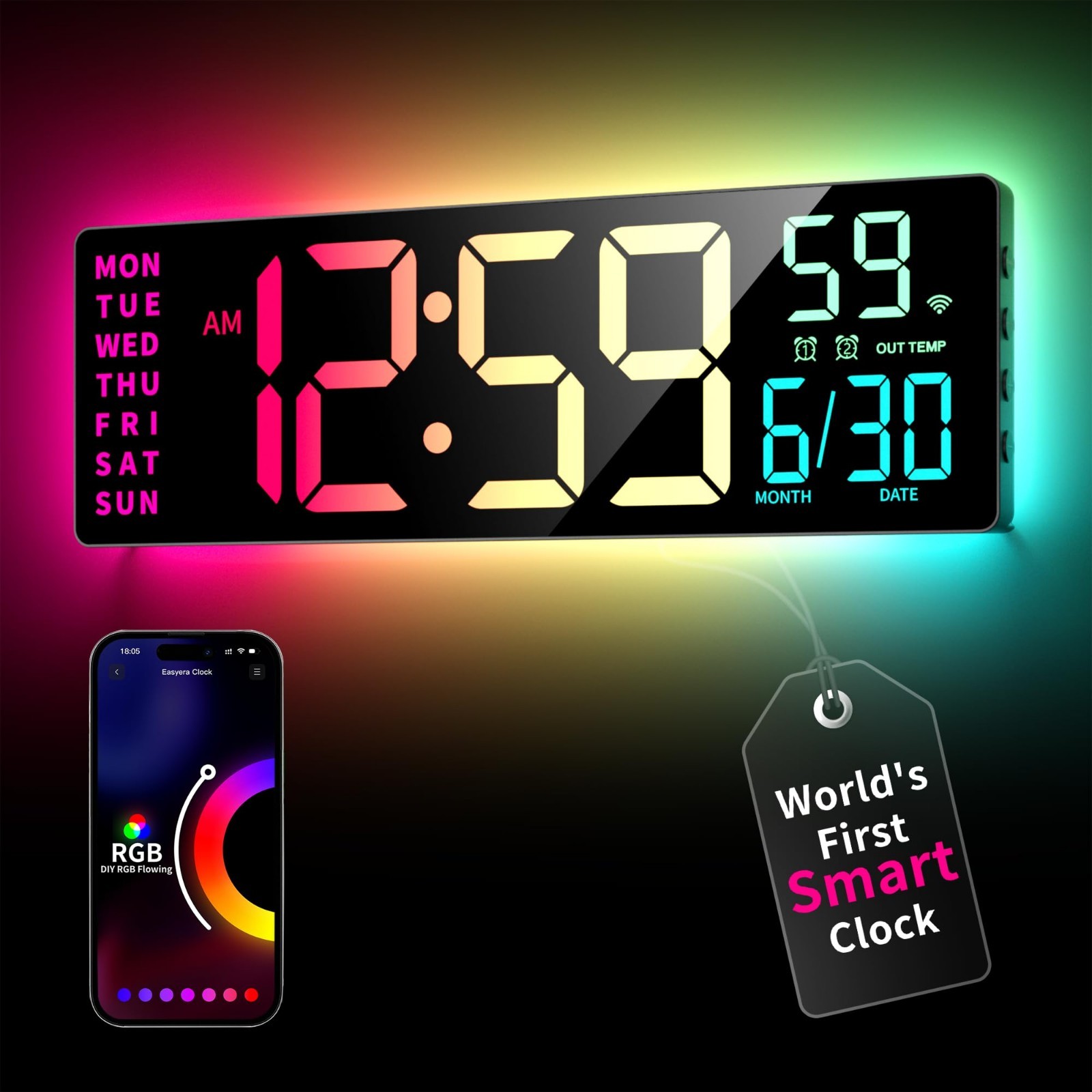 Large RGBIC Smart Digital Wall Clock, App Control, LED Display, Music Sync, DIY gallery