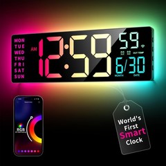 Large RGBIC Smart Digital Wall Clock, App Control, LED Display, Music Sync, DIY