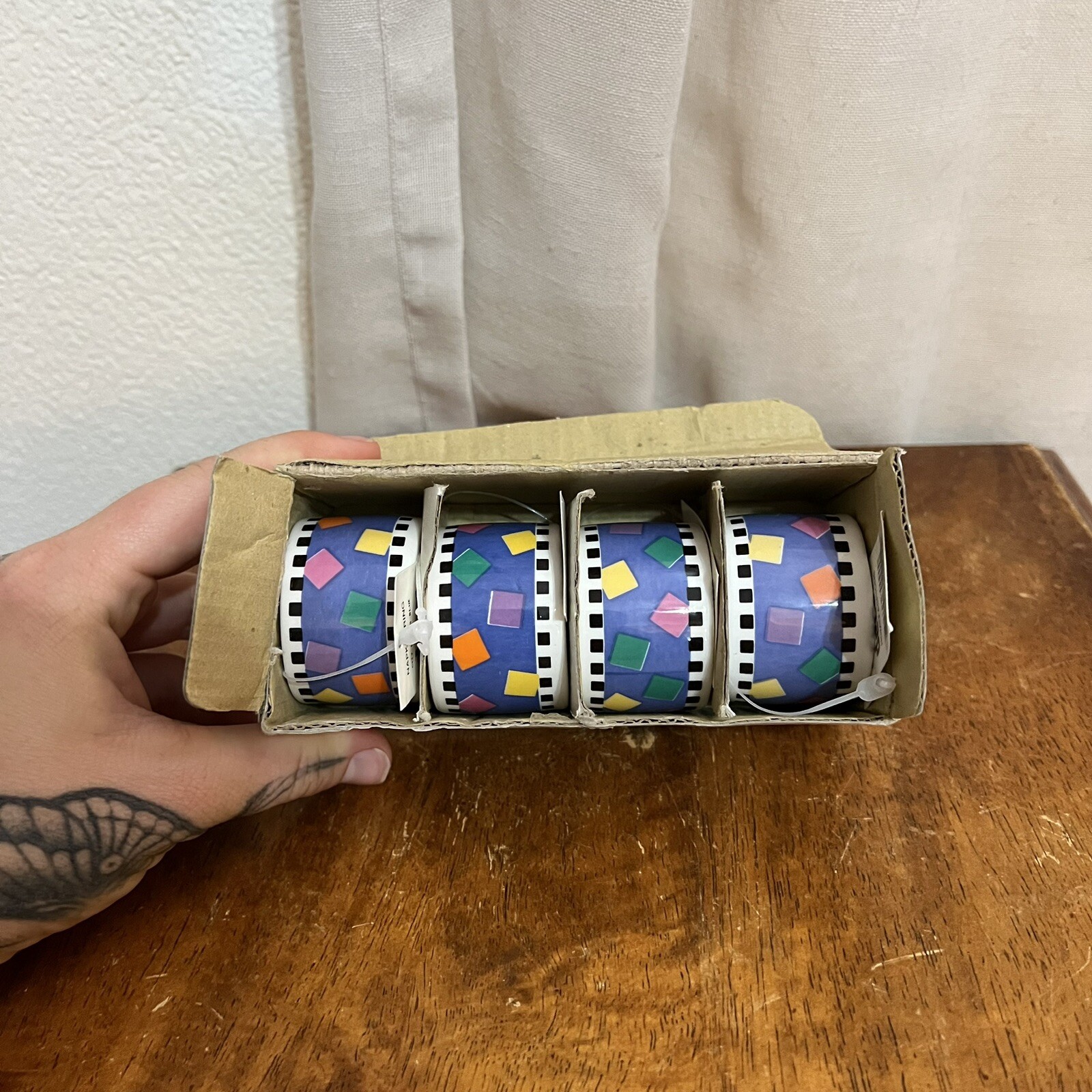 Ceramic Napkin Rings Geometric Polka Dots Orange Pink Blue Green Squares 70s 80s gallery