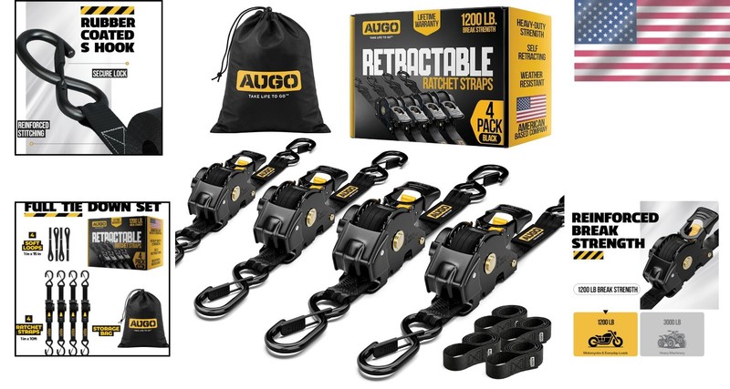 Auto Retractable Ratchet Straps 4pc, 1200lb, Alloy Steel, Polyester, Soft Loops gallery