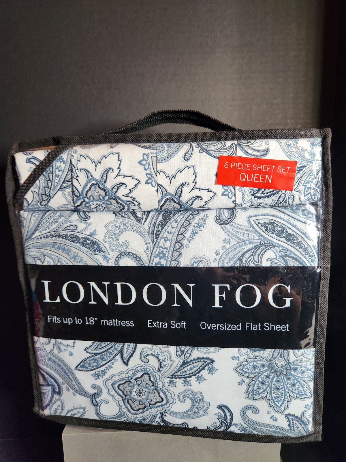 London Fog Queen Bed Sheet Set 6 Pcs Paisley Blue Gray FitsUpTo 18" Mattress New gallery