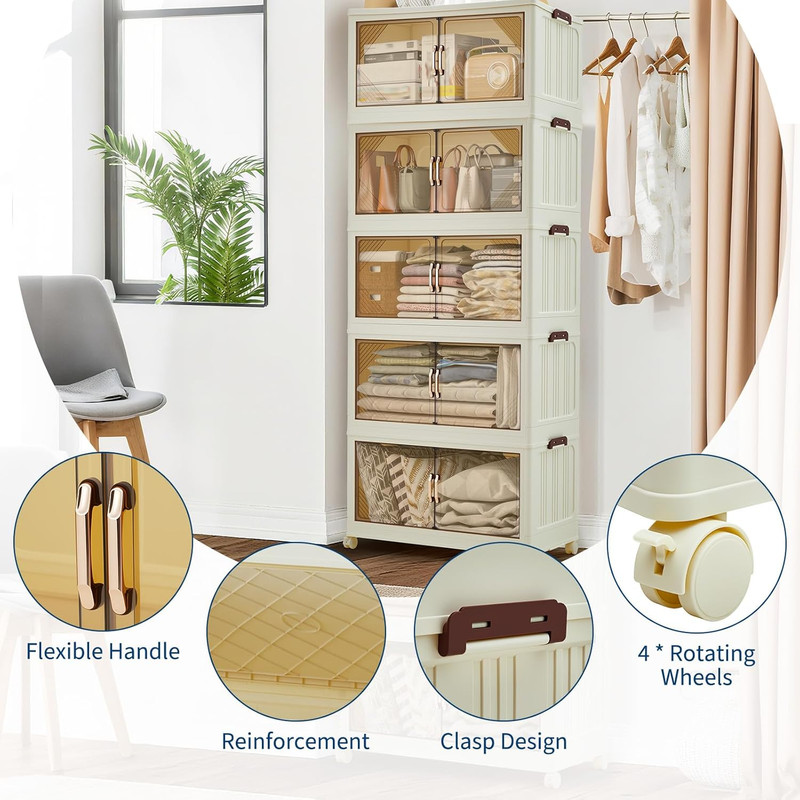 240QT Stackable Storage Bins, Folding Storage Box with Magnetic Doors & Wheels, gallery