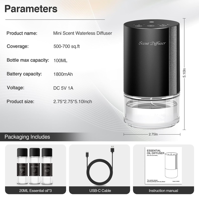 Waterless Essential Oil Diffuser Stater Kit - Included 3x20mL Essential Oils,... gallery