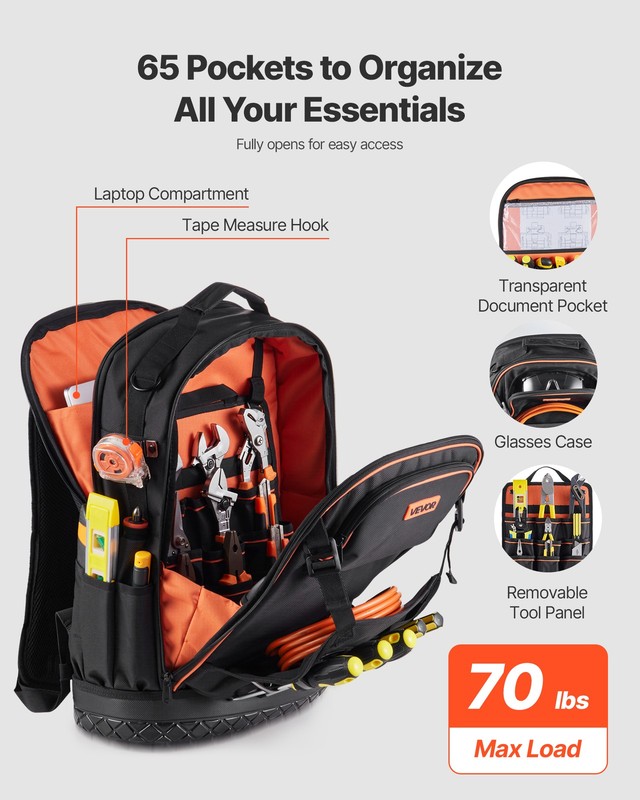 VEVOR Tool Backpack with Tools 65 Pockets Tear-resistant Jobsite Backpack gallery