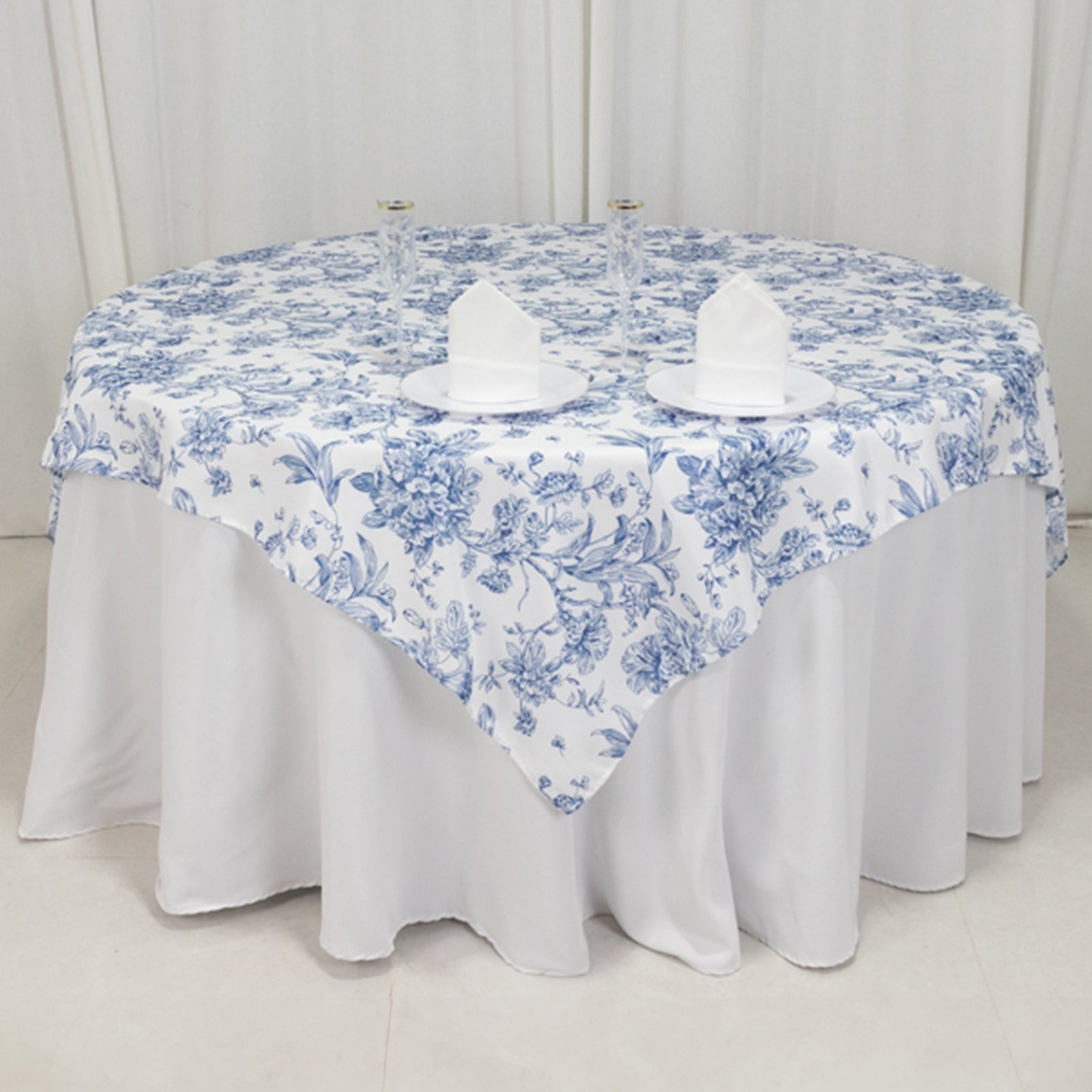 70" x 70" Blue French Toile Pattern Polyester Square Tablecloth Disposable gallery