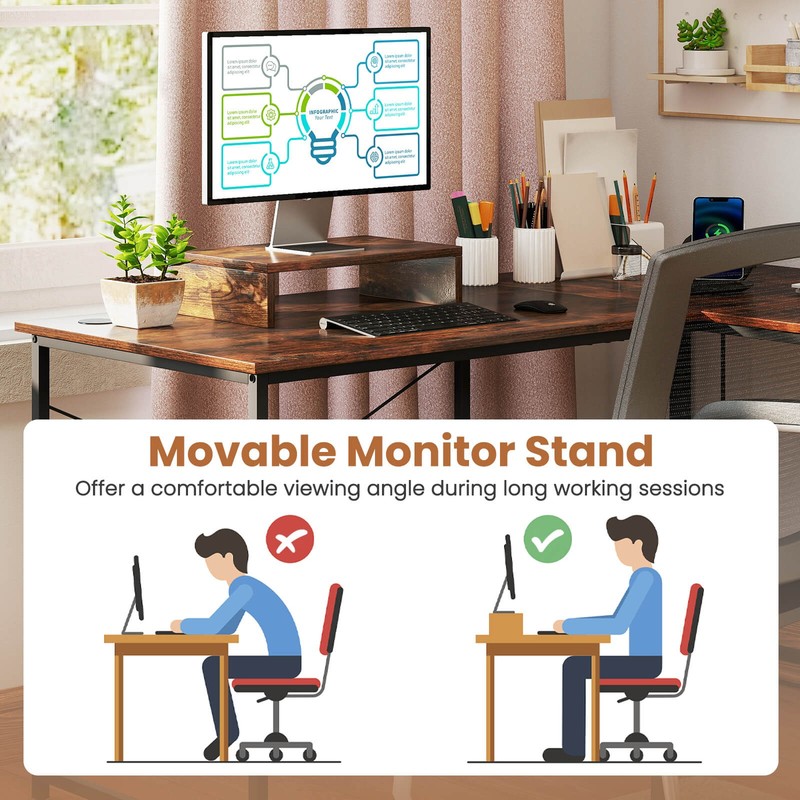 95" L-Shaped Reversible Computer Desk 2-Person Long Table Monitor Stand Rustic gallery