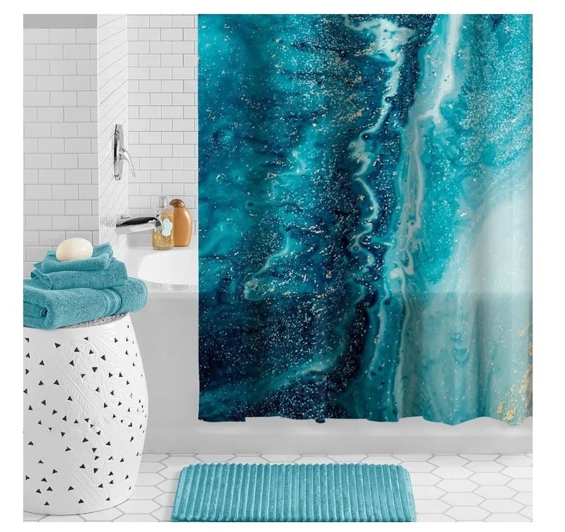 Mainstays Waterproof Marble Shower Curtain Set Recycled PEVA Blue gallery