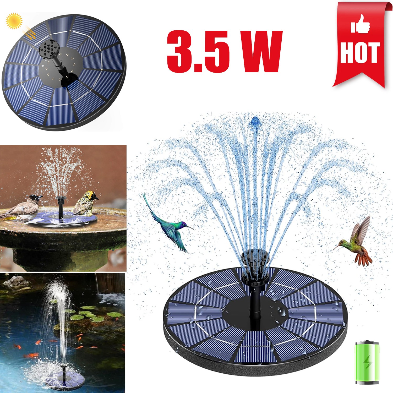 Solar Fountain Pump 6 Spray Effects 3.5W Panel 1500mAh Battery for Pond Pool gallery
