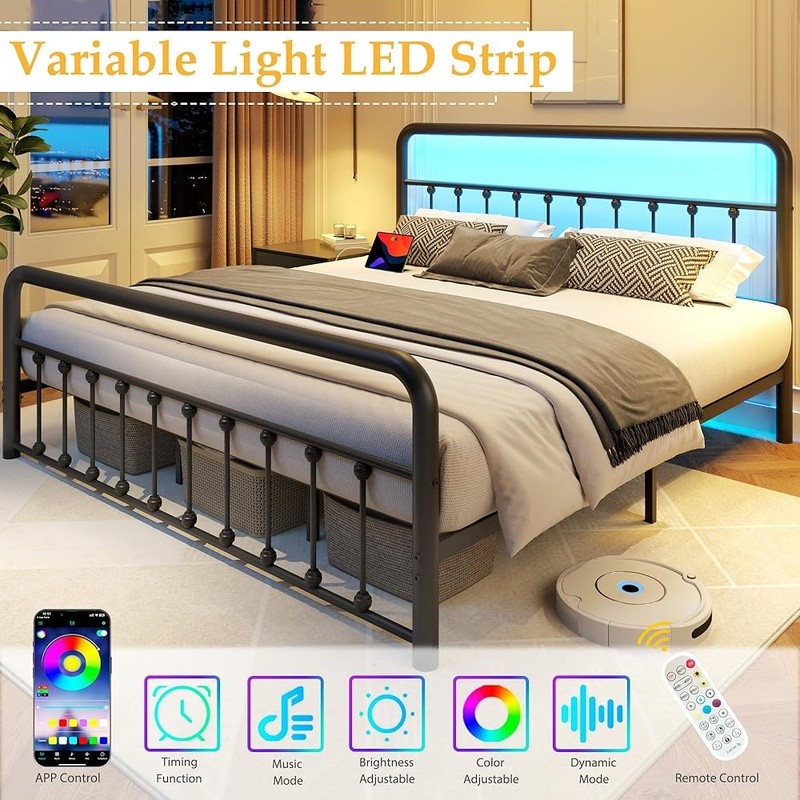 Multifunctional Bed Frame W/ Charging Station LED Lights Iron Squeak Resistant gallery