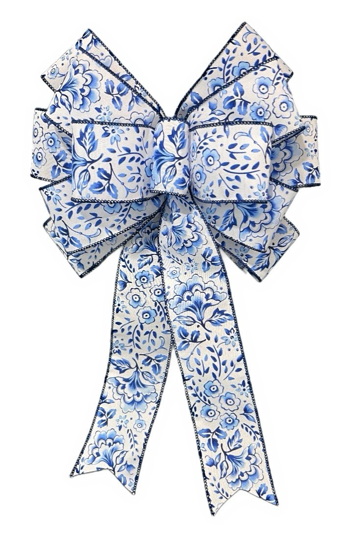 Handmade Large Blue and White Flower Pattern Bow for Wreath 10 x 16 in. gallery