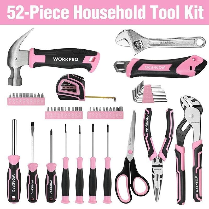 WORKPRO 52-Pieces Pink Tools Set Basic Tool Household Tool Kit w/Storage Toolbox gallery