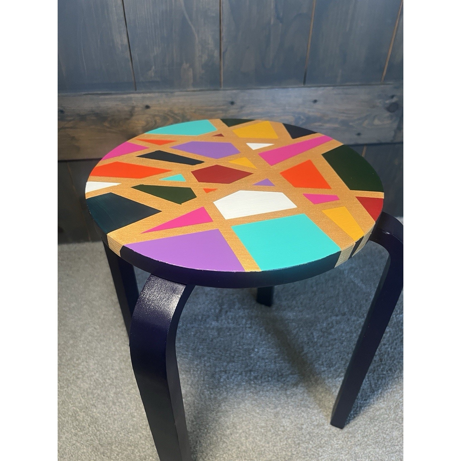 Hand-Painted Side Table Unique Colorful Navy Blue Legs Gold Geometric Boho gallery
