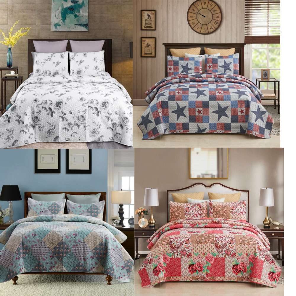 Queen/King Quilt Set 3PCS Star Printed Lightweight Bedspread Bedding Pillow Sham gallery