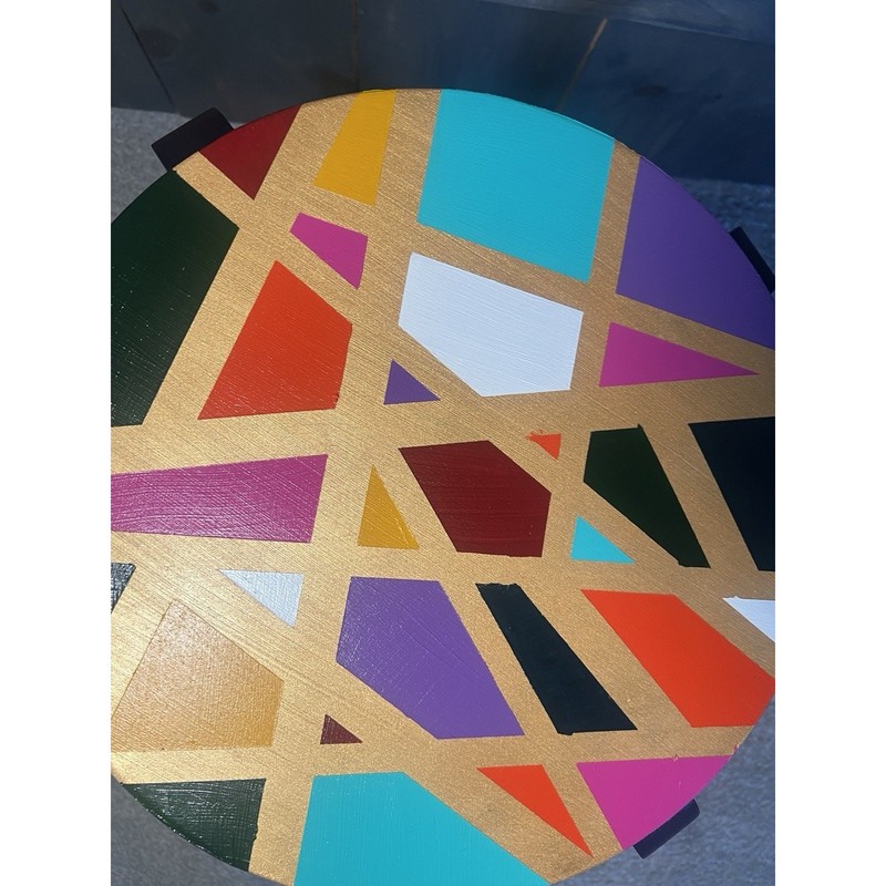 Hand-Painted Side Table Unique Colorful Navy Blue Legs Gold Geometric Boho gallery