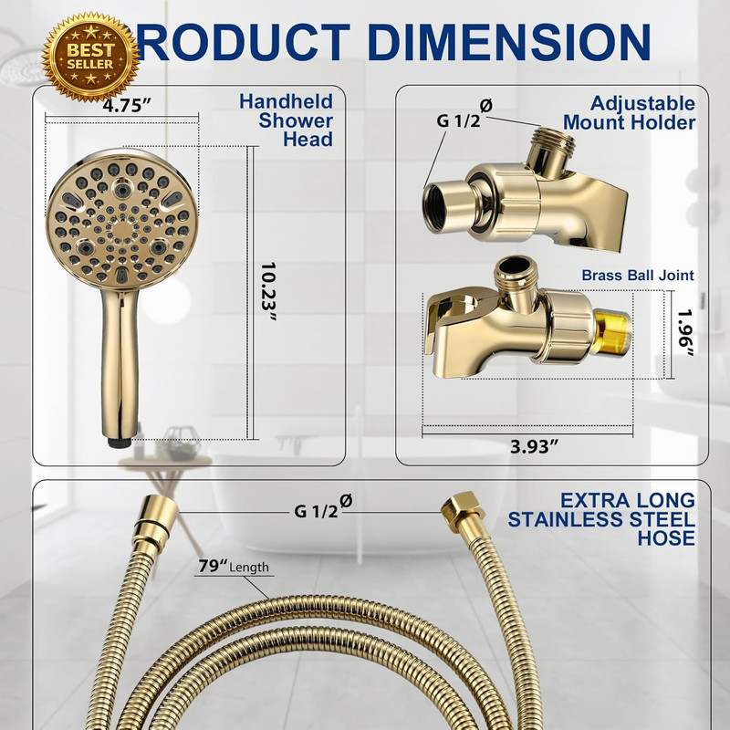 10 Setting Handheld Shower Head High Pressure 79 Inch Hose Gold Spray Head gallery