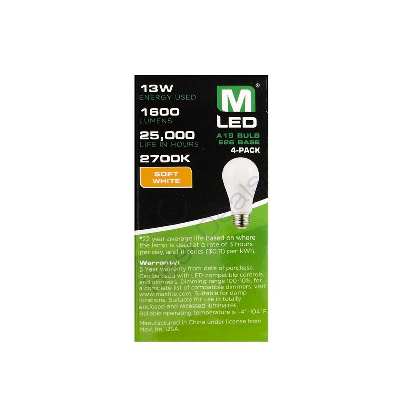 Maxlite 100W replacement 13W LED Light Bulb Soft White A19 2700K Dimmable E26 gallery