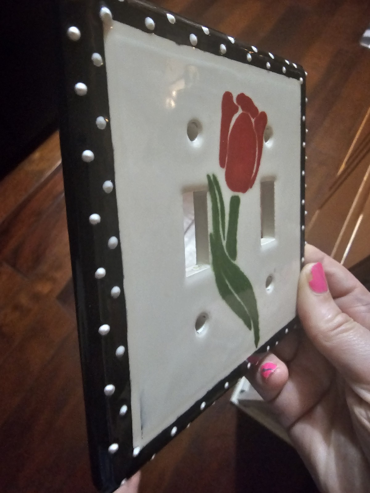 Hand painted Ceramic 2 Toggle Light Switch Cover Rose And Polka Dot gallery