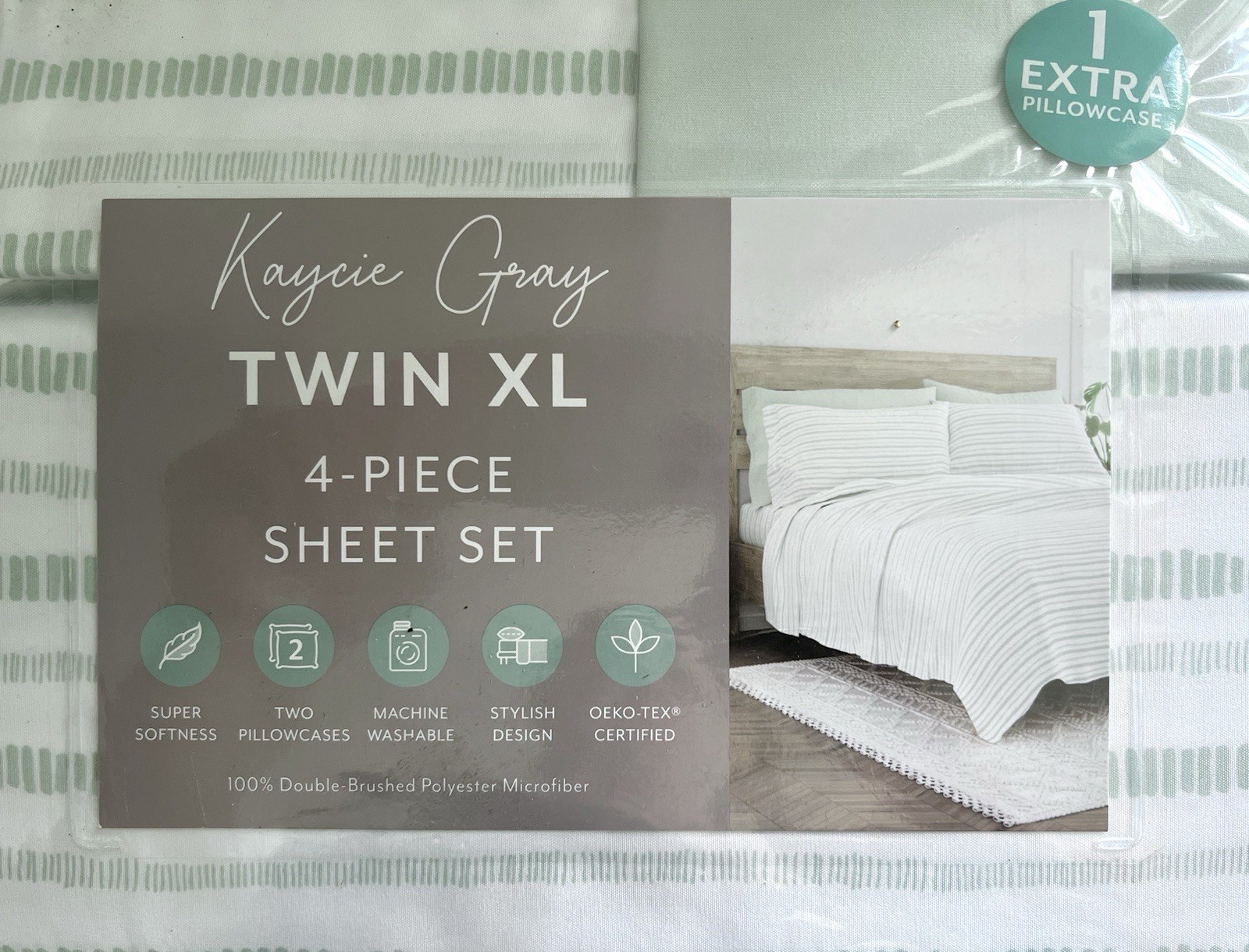 Kaycie Gray Microfiber 4 Piece Sheet Set Green Dashed Stripe Twin XL gallery