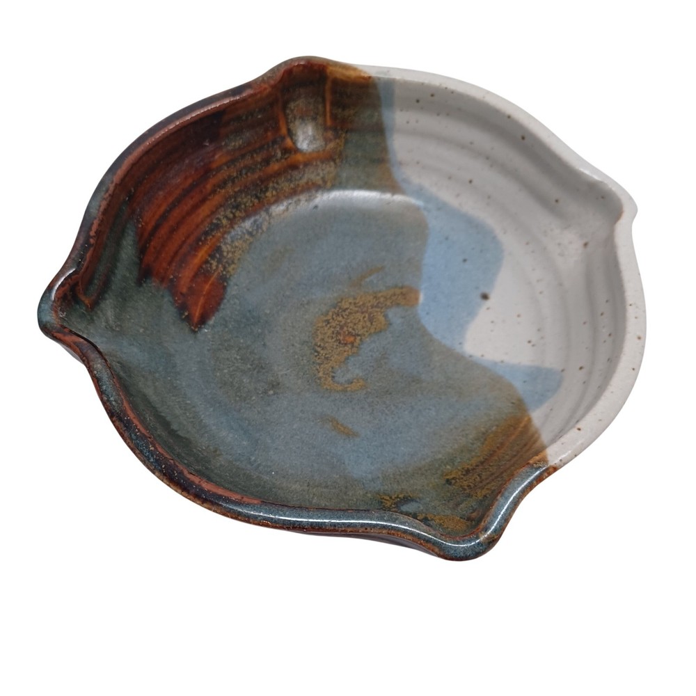 Studio Pottery Handcrafted Signed Stoneware Bowl Blue Brown Drip Glaze 6 inch