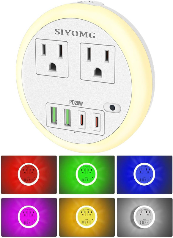 LED Night Lights Plug into Wall, Plug in Night Light with 4 USB Ports and 2 Outl gallery