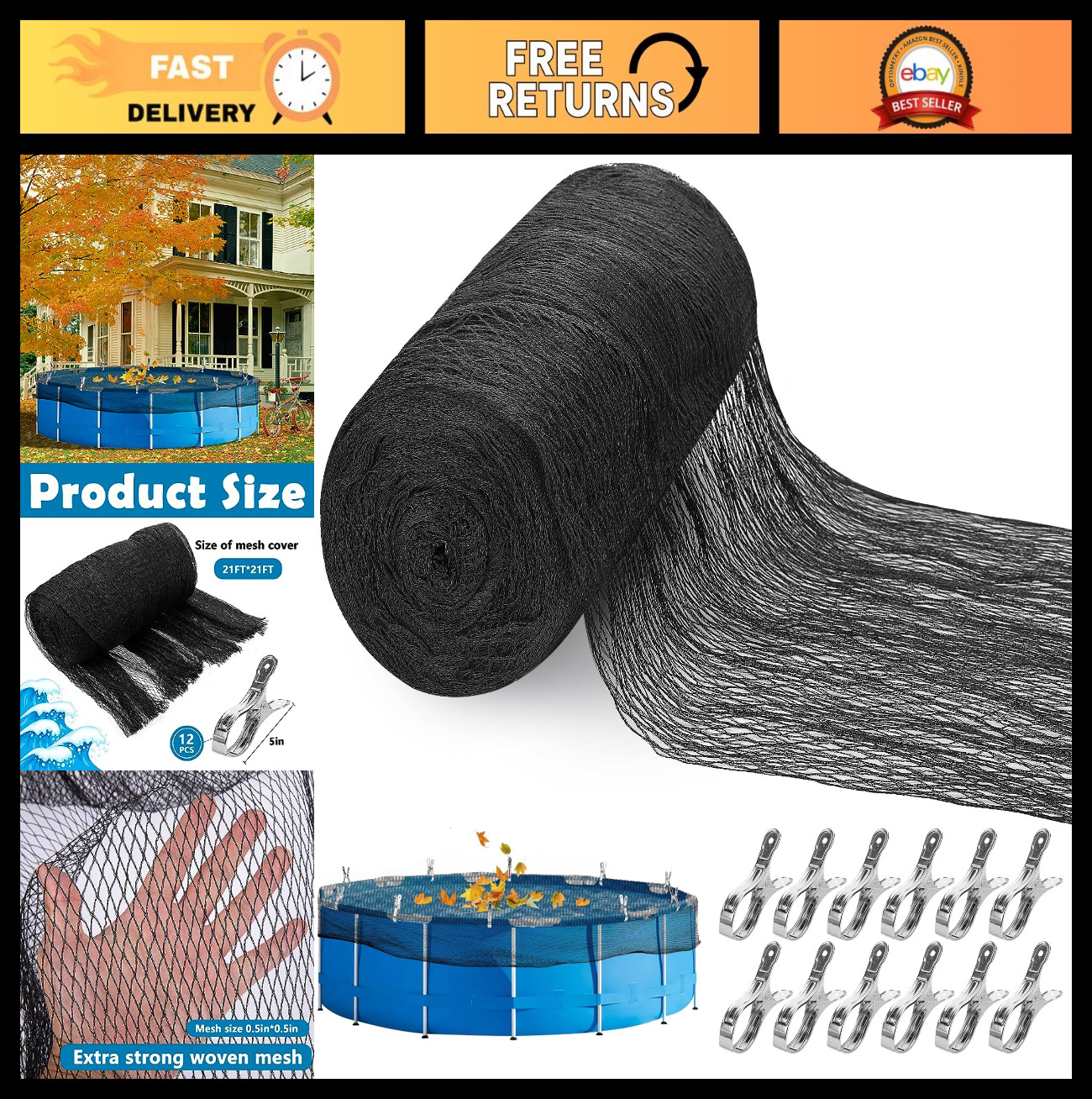 21ft Round Pool Leaf Net Cover - Safety Mesh with 12 Clips for Above Ground Pool gallery