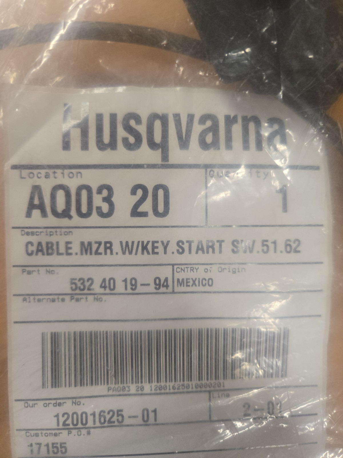 Husqvarna Cable MZR With Key Start Switch 532401994 gallery