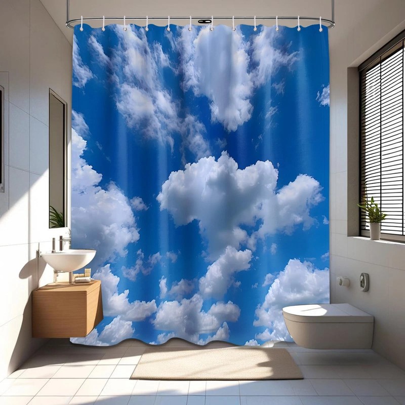 Blue Sky Shower Curtain White Clouds Nature Scenic Landscape Bathroom Decor, ... gallery