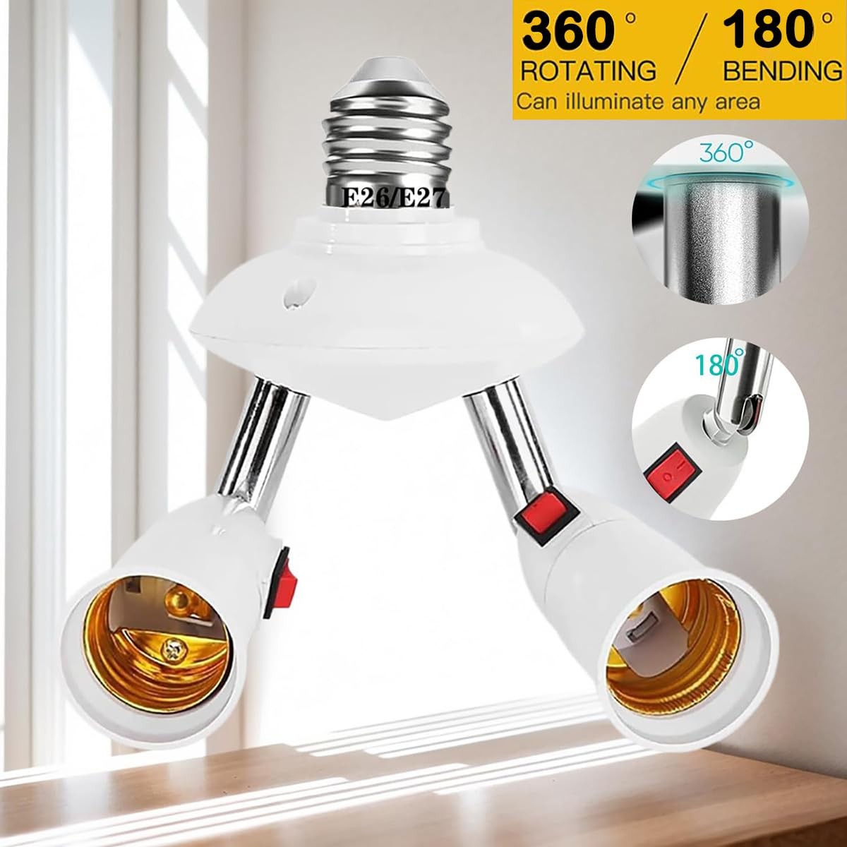 2-in-1 Light Socket Extender Adapter Splitter with Switch E26 E27 Adjustable gallery