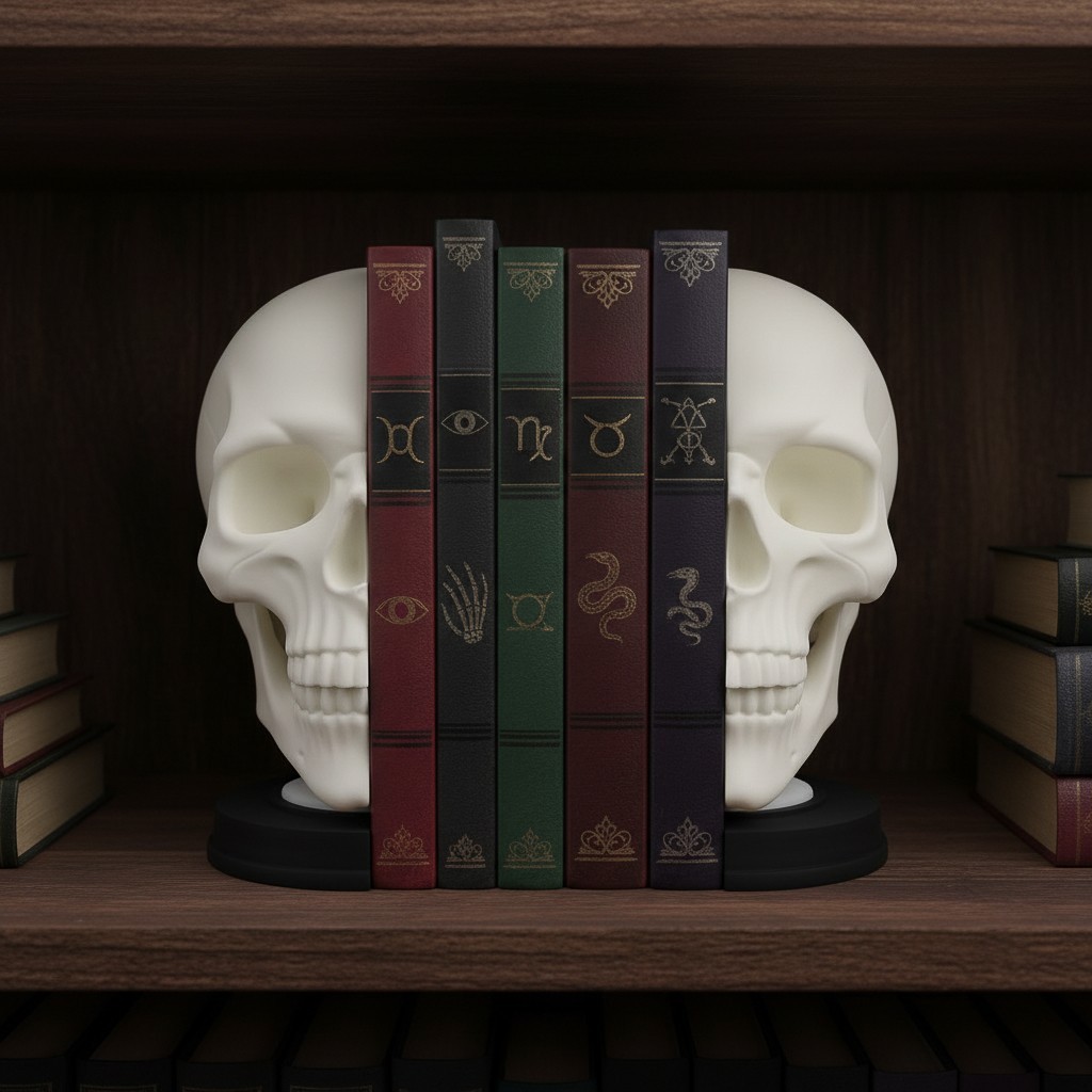 3D Printed Gothic Skull Bookend Anatomical Bone White Matte Black Macabre Decor gallery