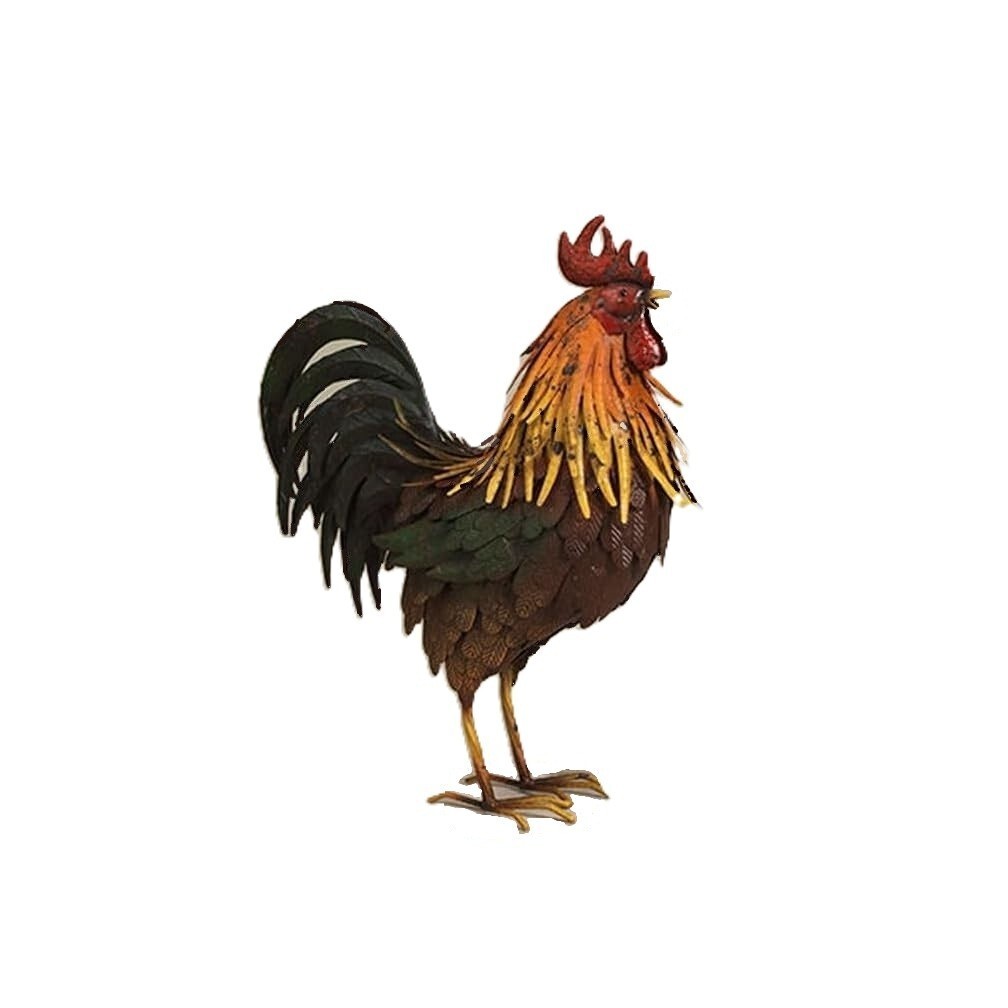Metal Rooster Figure Multi Color Metal Sculpted Feathers 16" tall Standing gallery