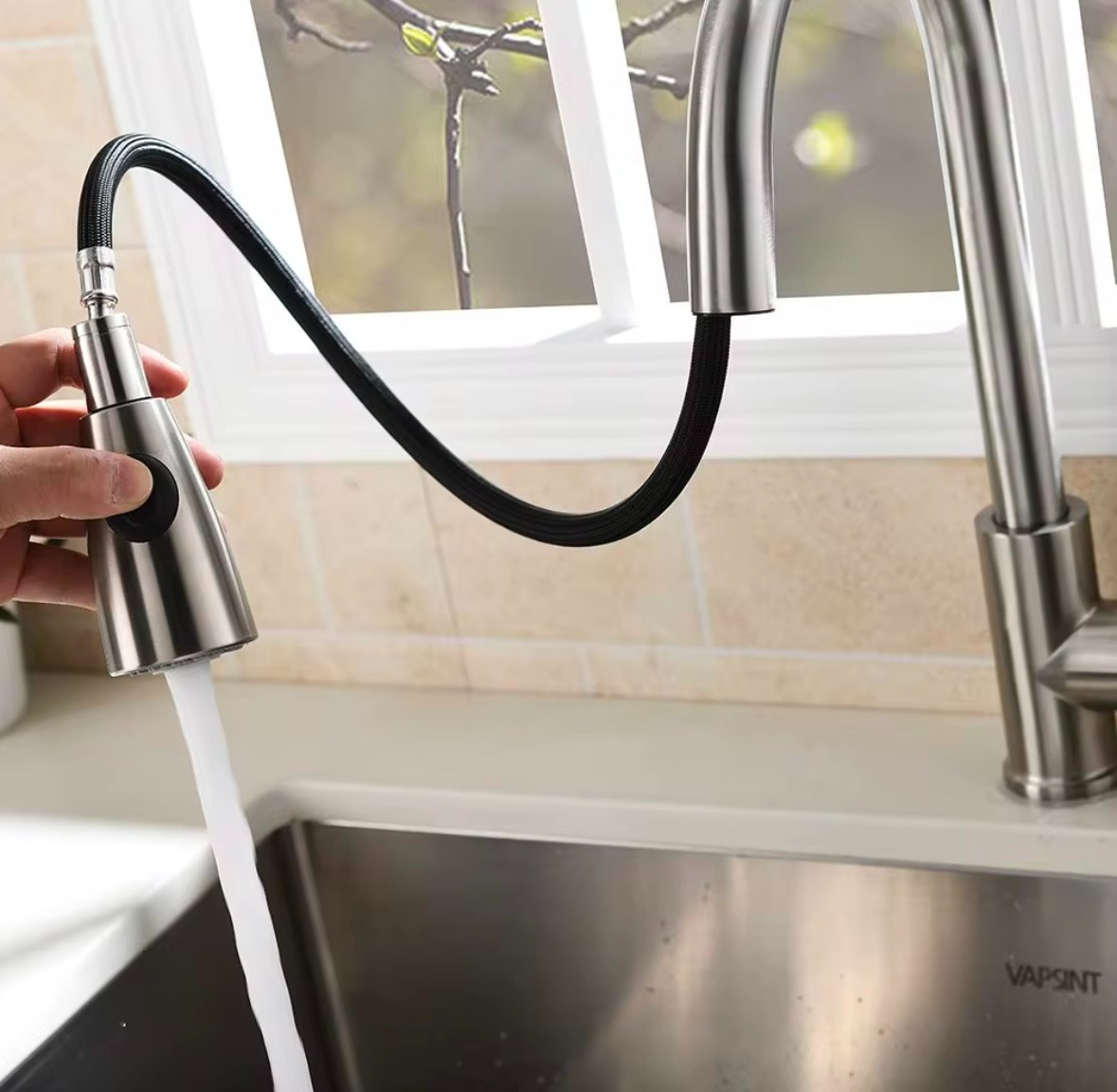 Stainless Steel modern Kitchen Faucet pull down sprayer Fancy hot cold - Silver gallery
