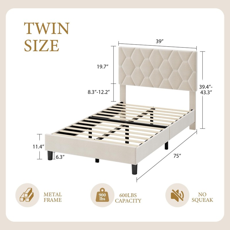 Twin/Full/Queen Size Bed Frame Platform with Upholstered Headboard & Wooden Slat gallery
