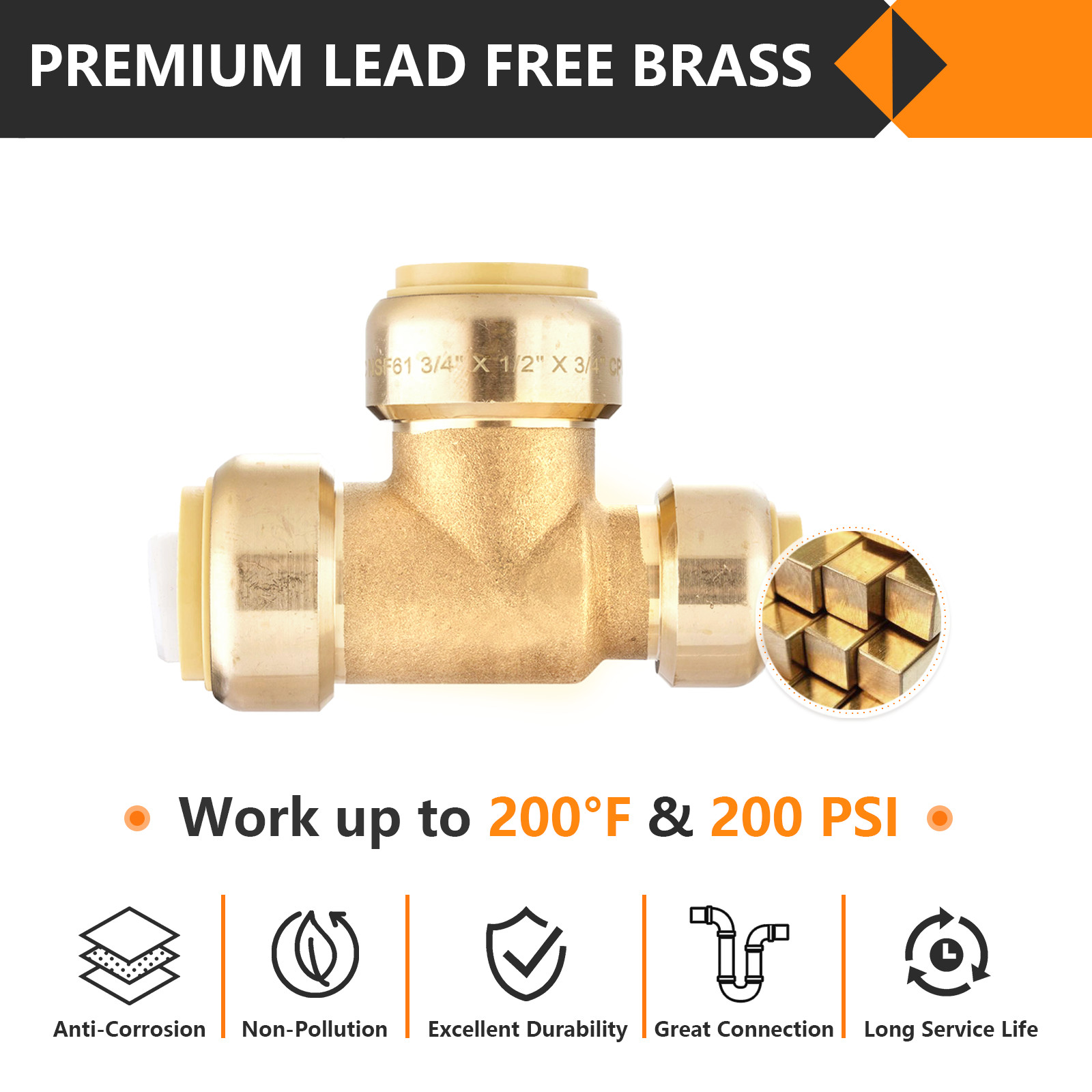 EFIELD (2 to100 Pack) 3/4"×1/2"×3/4" Push Fit Tee &Clip Brass Fittings Lead Free gallery
